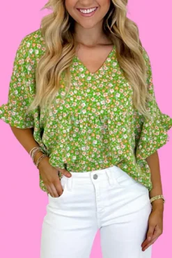 Online Dear-Lover Floral Print Ruffle Sleeve V Neck Blouse Top Green