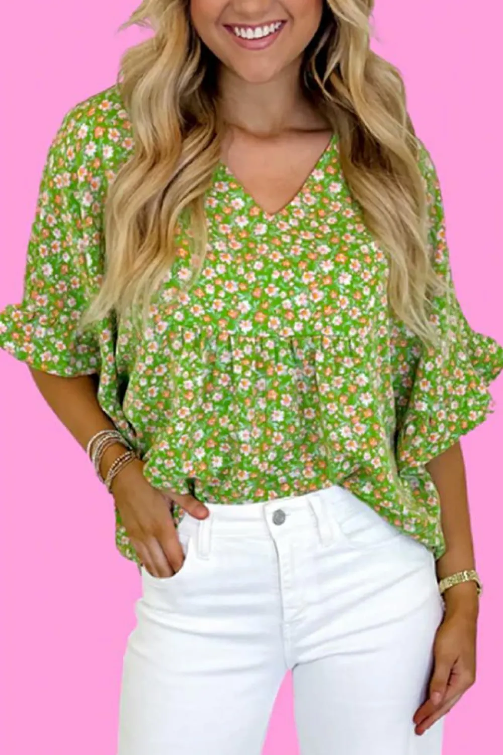 Online Dear-Lover Floral Print Ruffle Sleeve V Neck Blouse Top Green