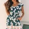 Fashion Dear-Lover Floral Print Ruffle Sleeve Empire Waist Mini Dress Green