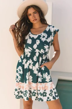 Fashion Dear-Lover Floral Print Ruffle Sleeve Empire Waist Mini Dress Green