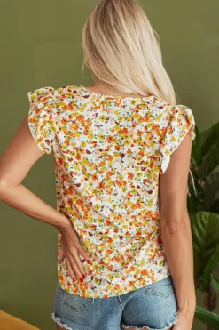 Hot Dear-Lover Floral Print Ruffled Sleeveless V Neck Tank Top Green