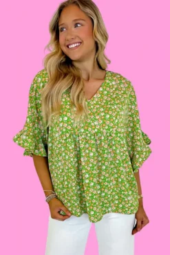 Online Dear-Lover Floral Print Ruffle Sleeve V Neck Blouse Top Green