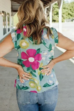 Hot Dear-Lover Floral Print Ruffle Trim Tank Top Green