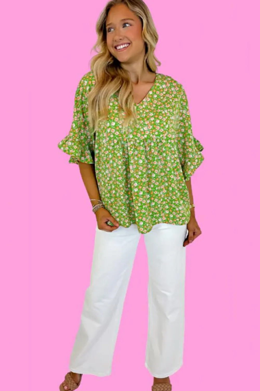 Online Dear-Lover Floral Print Ruffle Sleeve V Neck Blouse Top Green