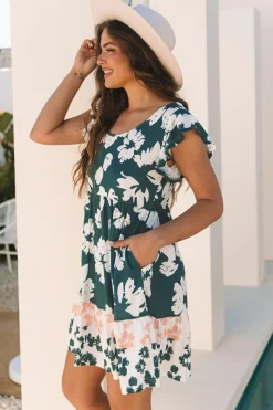 Fashion Dear-Lover Floral Print Ruffle Sleeve Empire Waist Mini Dress Green