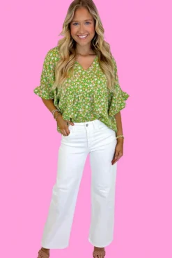Online Dear-Lover Floral Print Ruffle Sleeve V Neck Blouse Top Green