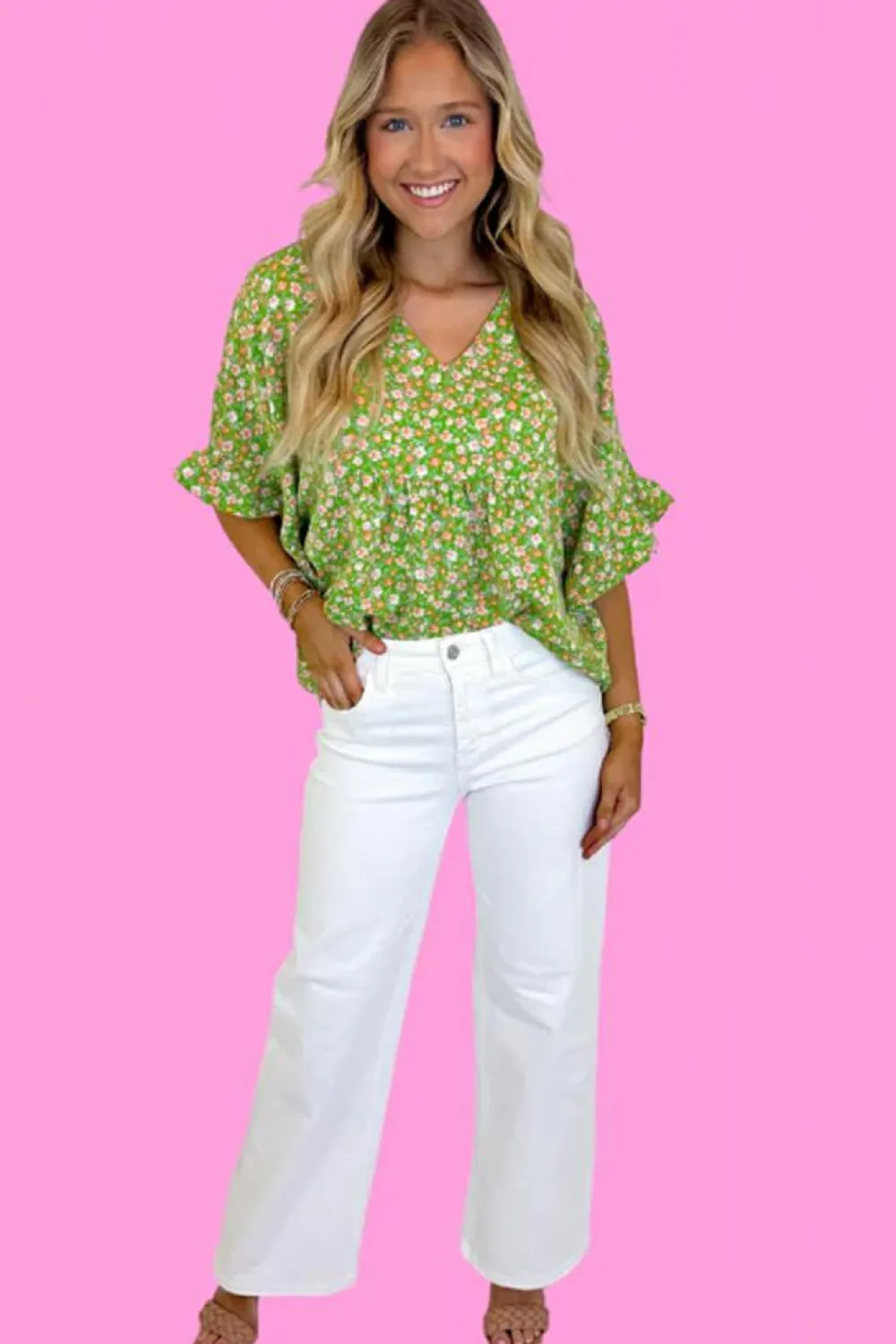 Online Dear-Lover Floral Print Ruffle Sleeve V Neck Blouse Top Green