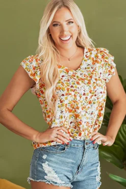 Hot Dear-Lover Floral Print Ruffled Sleeveless V Neck Tank Top Green