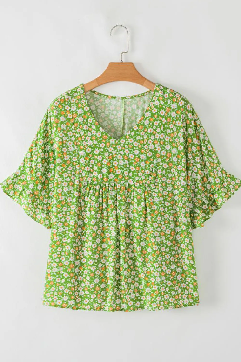 Online Dear-Lover Floral Print Ruffle Sleeve V Neck Blouse Top Green