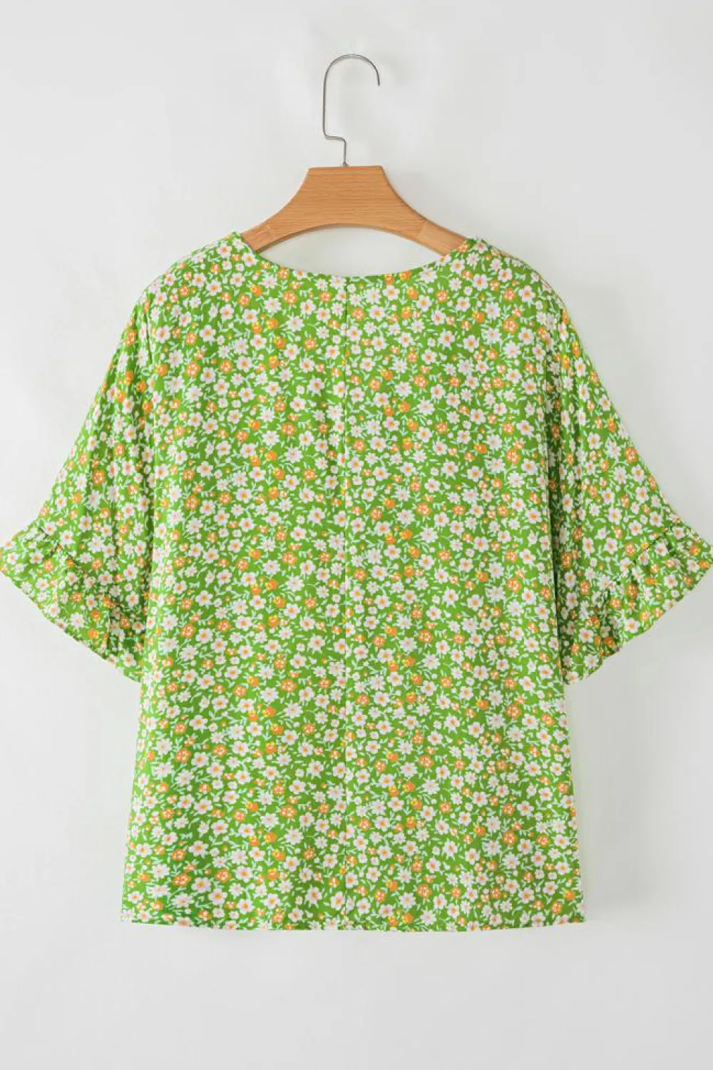 Online Dear-Lover Floral Print Ruffle Sleeve V Neck Blouse Top Green