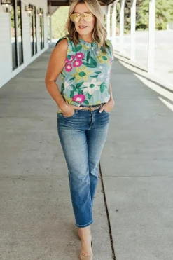 Hot Dear-Lover Floral Print Ruffle Trim Tank Top Green