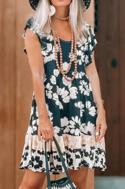 Fashion Dear-Lover Floral Print Ruffle Sleeve Empire Waist Mini Dress Green