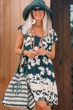 Fashion Dear-Lover Floral Print Ruffle Sleeve Empire Waist Mini Dress Green