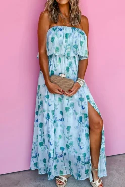 Best Dear-Lover Floral Print Ruffled Side Slit Tube Top Maxi Dress Green