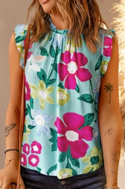 Hot Dear-Lover Floral Print Ruffle Trim Tank Top Green
