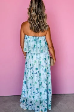 Best Dear-Lover Floral Print Ruffled Side Slit Tube Top Maxi Dress Green