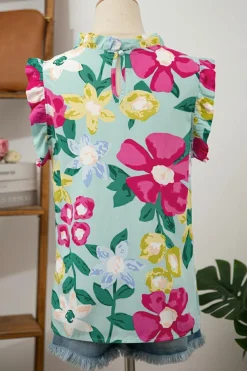 Hot Dear-Lover Floral Print Ruffle Trim Tank Top Green