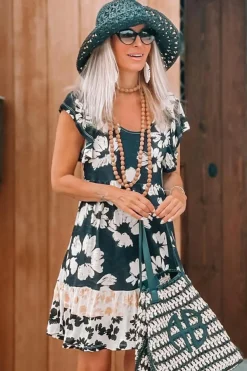 Fashion Dear-Lover Floral Print Ruffle Sleeve Empire Waist Mini Dress Green