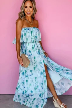 Best Dear-Lover Floral Print Ruffled Side Slit Tube Top Maxi Dress Green