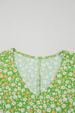 Online Dear-Lover Floral Print Ruffle Sleeve V Neck Blouse Top Green