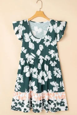 Fashion Dear-Lover Floral Print Ruffle Sleeve Empire Waist Mini Dress Green