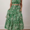 Sale Dear-Lover Floral Print Shirred Crop Top and High Waist Midi Skirt Set Green