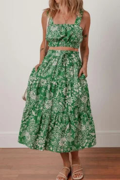 Sale Dear-Lover Floral Print Shirred Crop Top and High Waist Midi Skirt Set Green