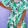 Fashion Dear-Lover Floral Print Shirred Square Neck Loose Fit Mini Dress Green