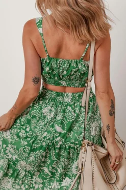 Sale Dear-Lover Floral Print Shirred Crop Top and High Waist Midi Skirt Set Green