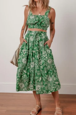 Sale Dear-Lover Floral Print Shirred Crop Top and High Waist Midi Skirt Set Green