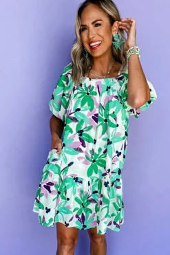 Fashion Dear-Lover Floral Print Shirred Square Neck Loose Fit Mini Dress Green