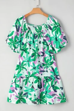 Fashion Dear-Lover Floral Print Shirred Square Neck Loose Fit Mini Dress Green