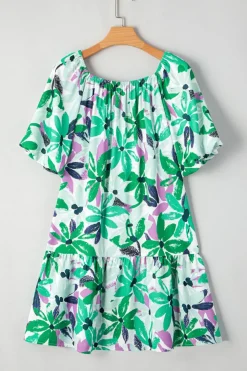 Fashion Dear-Lover Floral Print Shirred Square Neck Loose Fit Mini Dress Green