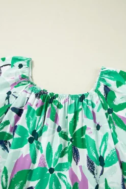 Fashion Dear-Lover Floral Print Shirred Square Neck Loose Fit Mini Dress Green