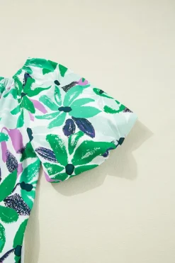 Fashion Dear-Lover Floral Print Shirred Square Neck Loose Fit Mini Dress Green