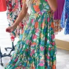 Fashion Dear-Lover Floral Print Sleeveless Ruffle Tiered Maxi Dress Green