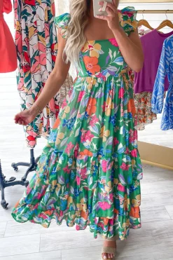 Fashion Dear-Lover Floral Print Sleeveless Ruffle Tiered Maxi Dress Green