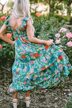 Fashion Dear-Lover Floral Print Sleeveless Ruffle Tiered Maxi Dress Green
