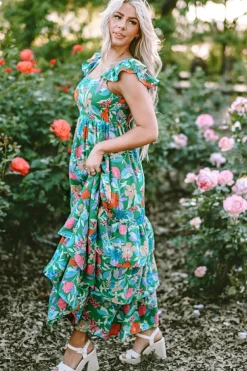 Fashion Dear-Lover Floral Print Sleeveless Ruffle Tiered Maxi Dress Green