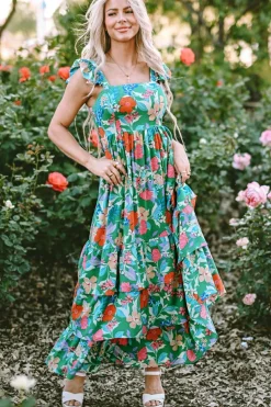 Fashion Dear-Lover Floral Print Sleeveless Ruffle Tiered Maxi Dress Green