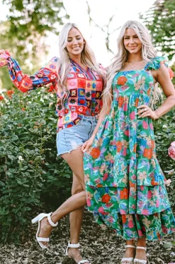 Fashion Dear-Lover Floral Print Sleeveless Ruffle Tiered Maxi Dress Green