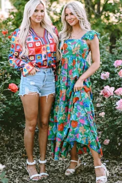 Fashion Dear-Lover Floral Print Sleeveless Ruffle Tiered Maxi Dress Green
