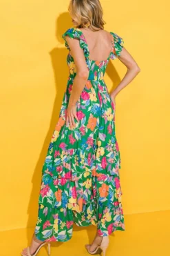Fashion Dear-Lover Floral Print Sleeveless Ruffle Tiered Maxi Dress Green
