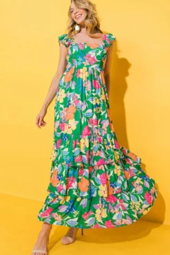 Fashion Dear-Lover Floral Print Sleeveless Ruffle Tiered Maxi Dress Green