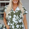 New Dear-Lover Floral Print Split Neck Short Sleeve Blouse Green