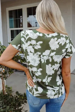 New Dear-Lover Floral Print Split Neck Short Sleeve Blouse Green