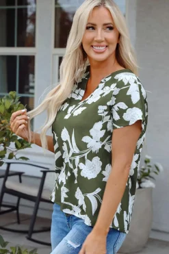 New Dear-Lover Floral Print Split Neck Short Sleeve Blouse Green
