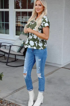 New Dear-Lover Floral Print Split Neck Short Sleeve Blouse Green