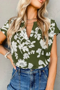 New Dear-Lover Floral Print Split Neck Short Sleeve Blouse Green