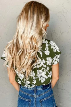New Dear-Lover Floral Print Split Neck Short Sleeve Blouse Green